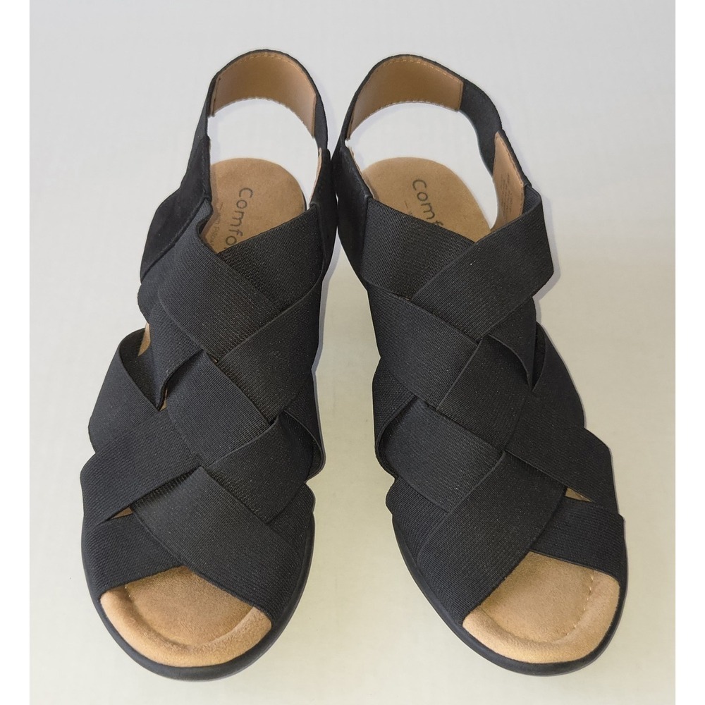 COMFORTIVA with Pillowtop Black Fabric Weaved Mid Heel Sandals Sz 8.5M ~ EUC ~